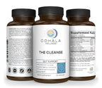 Three views of The Cleanse bottle showing front label, Supplement Facts and directions