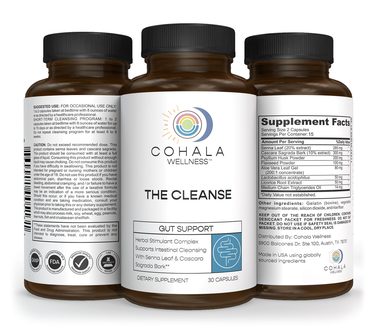 Three views of The Cleanse bottle showing front label, Supplement Facts and directions