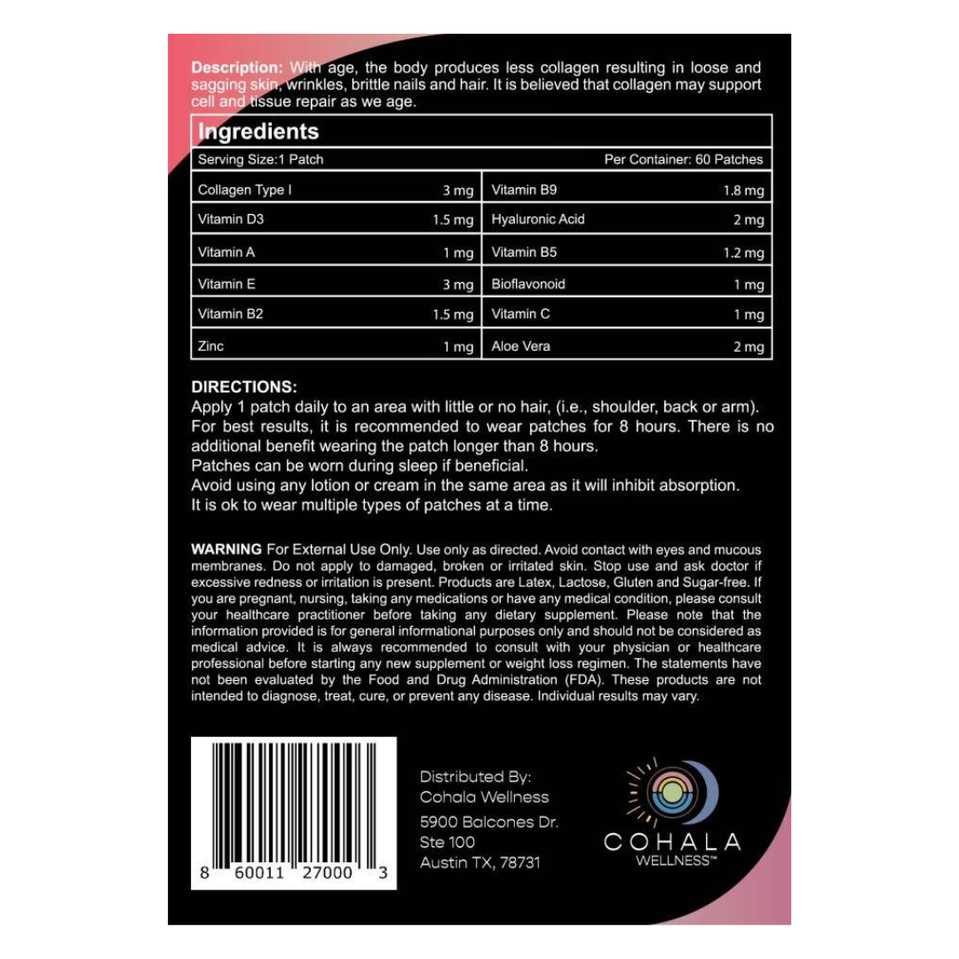 Collagen Patch label showing ingredients, directions and warnings