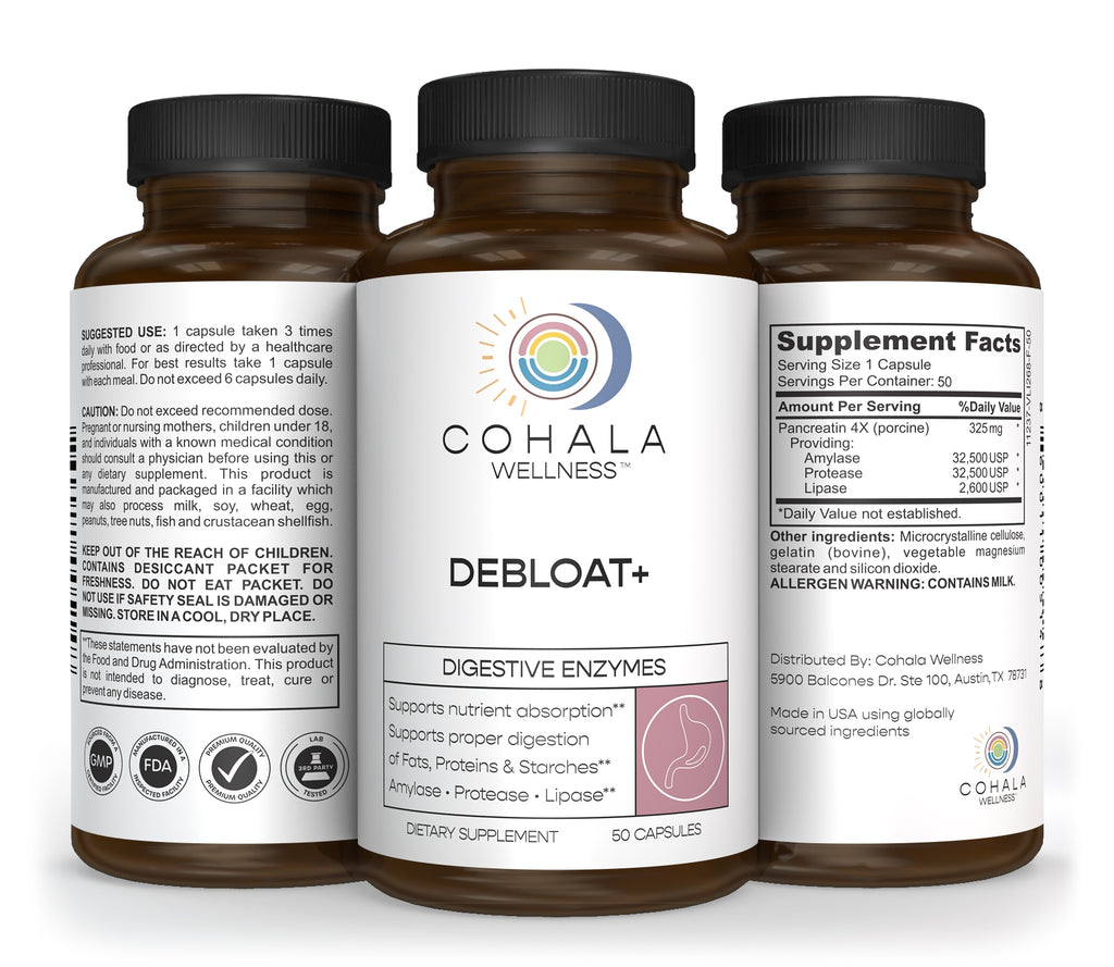 Three views of the Debloat+ bottle showing front label, Supplement Facts and directions