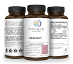 Three views of the Debloat+ bottle showing front label, Supplement Facts and directions