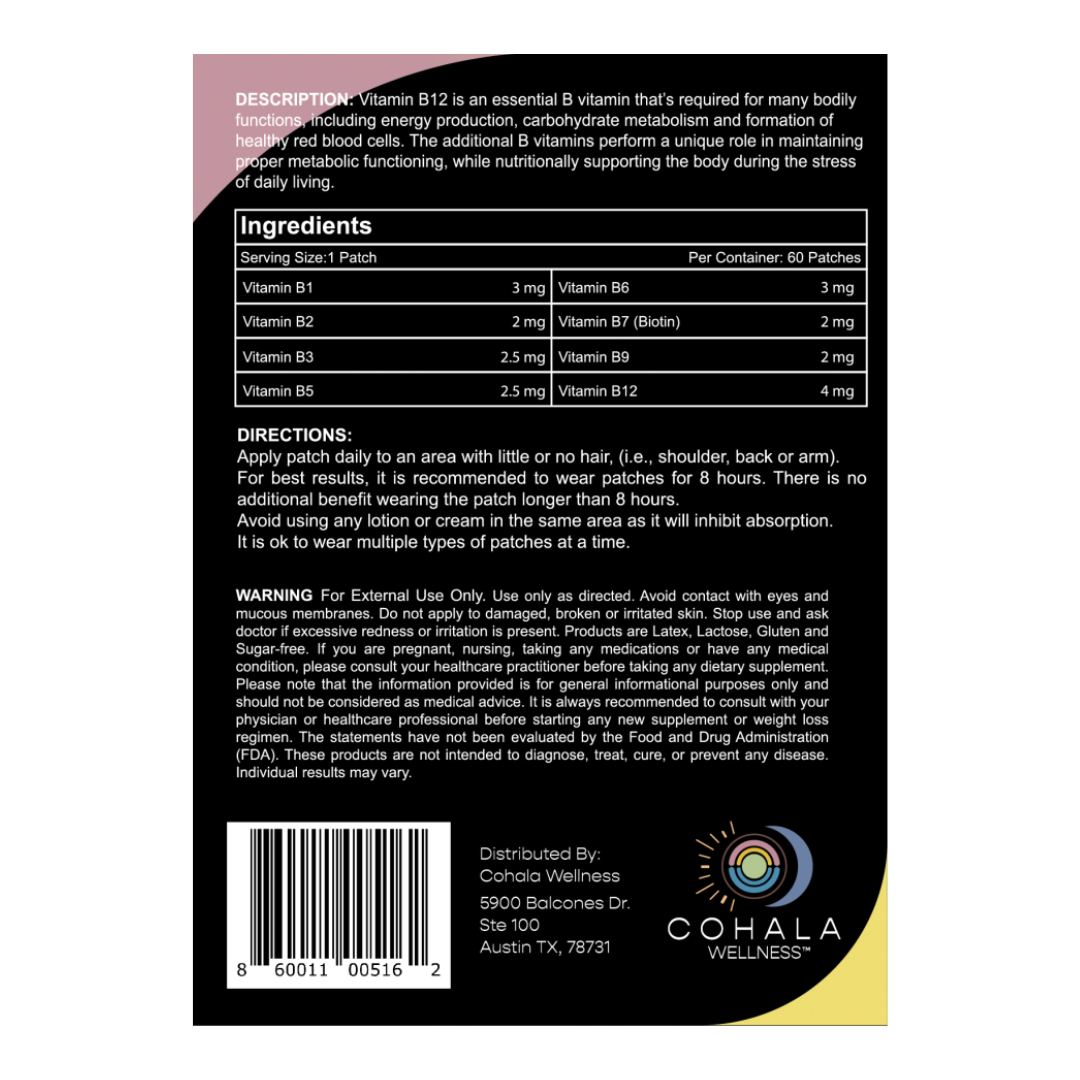 Energy B12 Patch label showing ingredients, directions and warnings