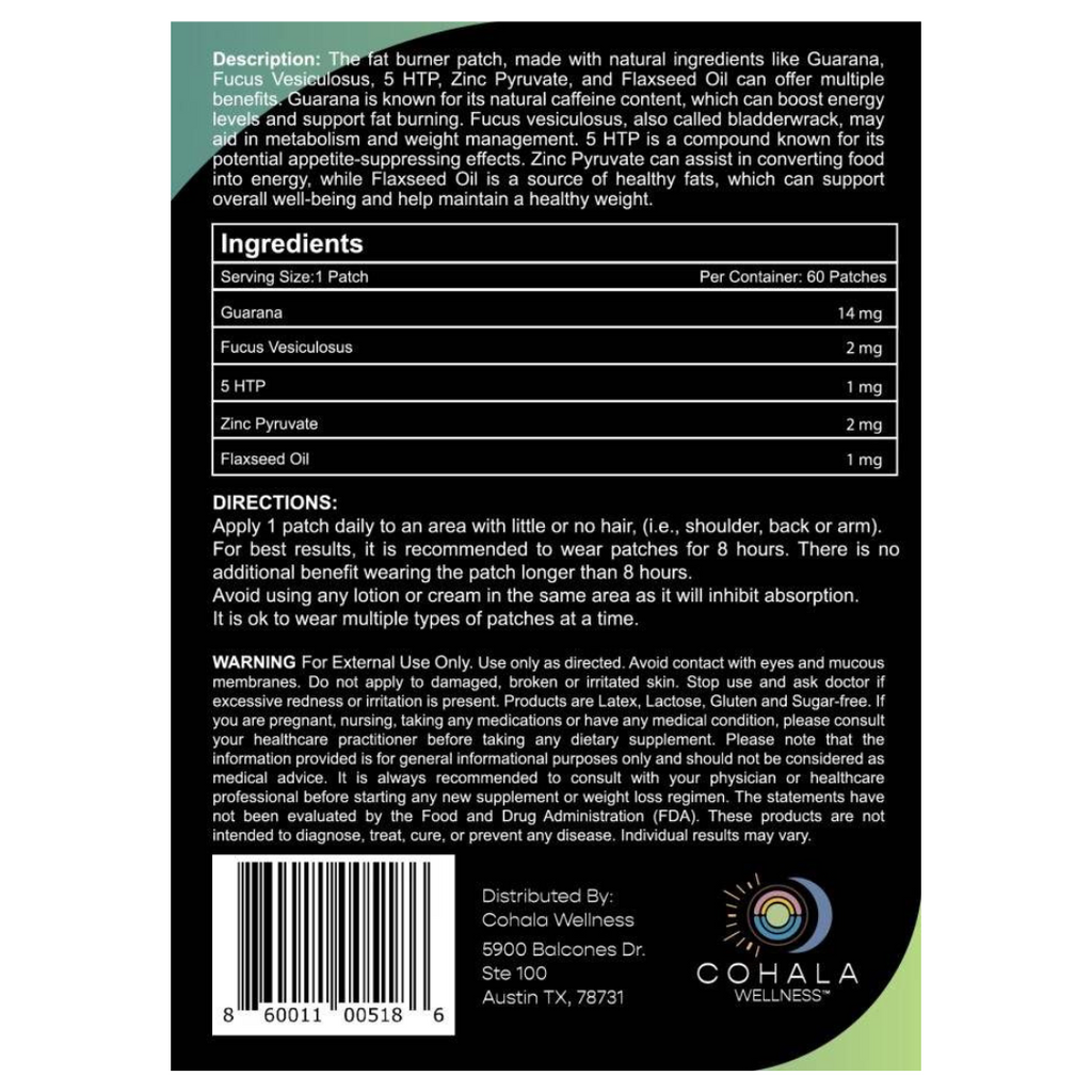 Fat Burner Patch label showing ingredients, directions and warnings