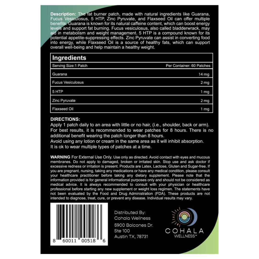 Fat Burner Patch label showing ingredients, directions and warnings
