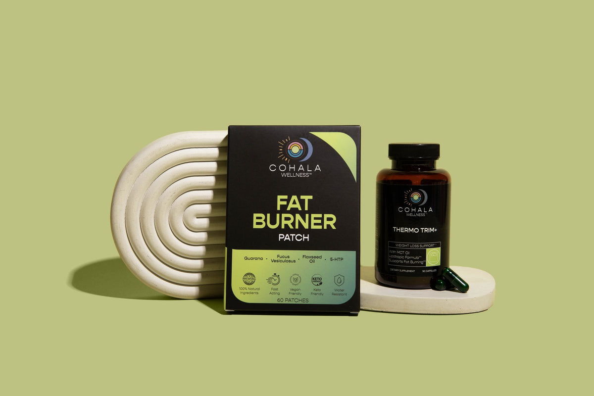 COHALA Wellness Fat Burner Patch box and Thermo Trim+ bottle beside a white arch on a green background