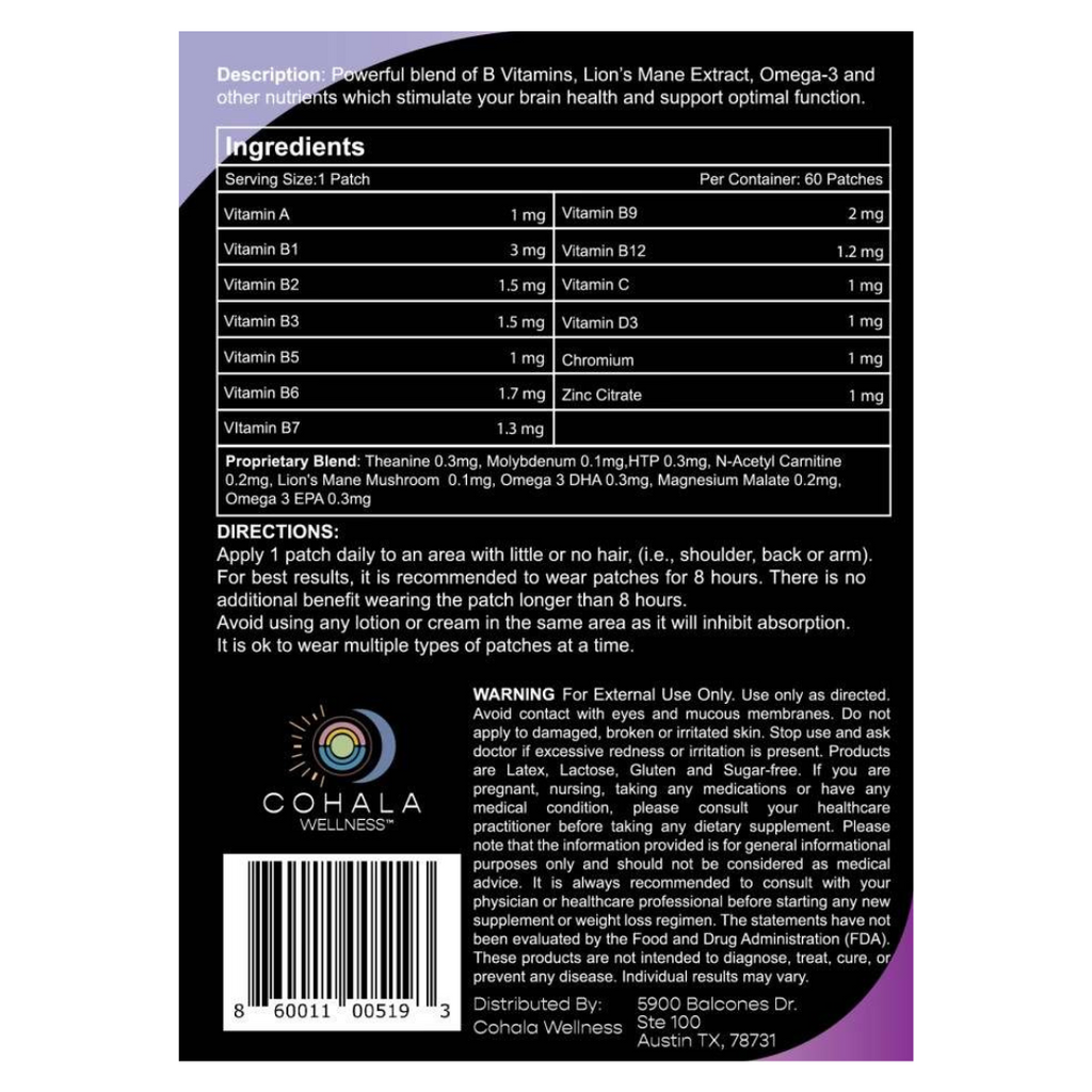 Focus Patch label showing ingredients, directions and warnings