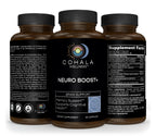 Three views of the Neuro Boost+ bottle showing front label, Supplement Facts and directions