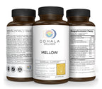 Three views of the Mellow bottle showing front label, Supplement Facts and directions