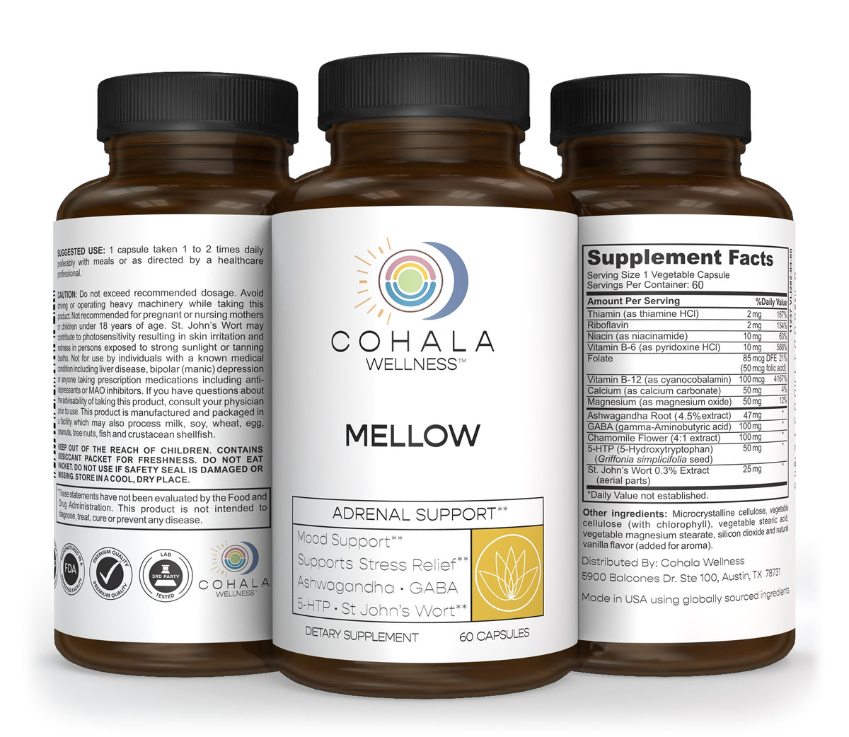 Three views of the Mellow bottle showing front label, Supplement Facts and directions