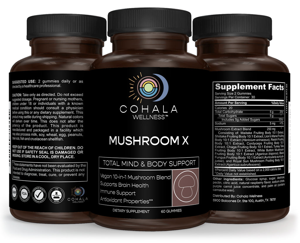 Three views of the Mushroom X bottle showing front label, Supplement Facts and directions