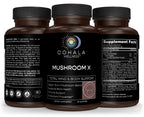 Three views of the Mushroom X bottle showing front label, Supplement Facts and directions