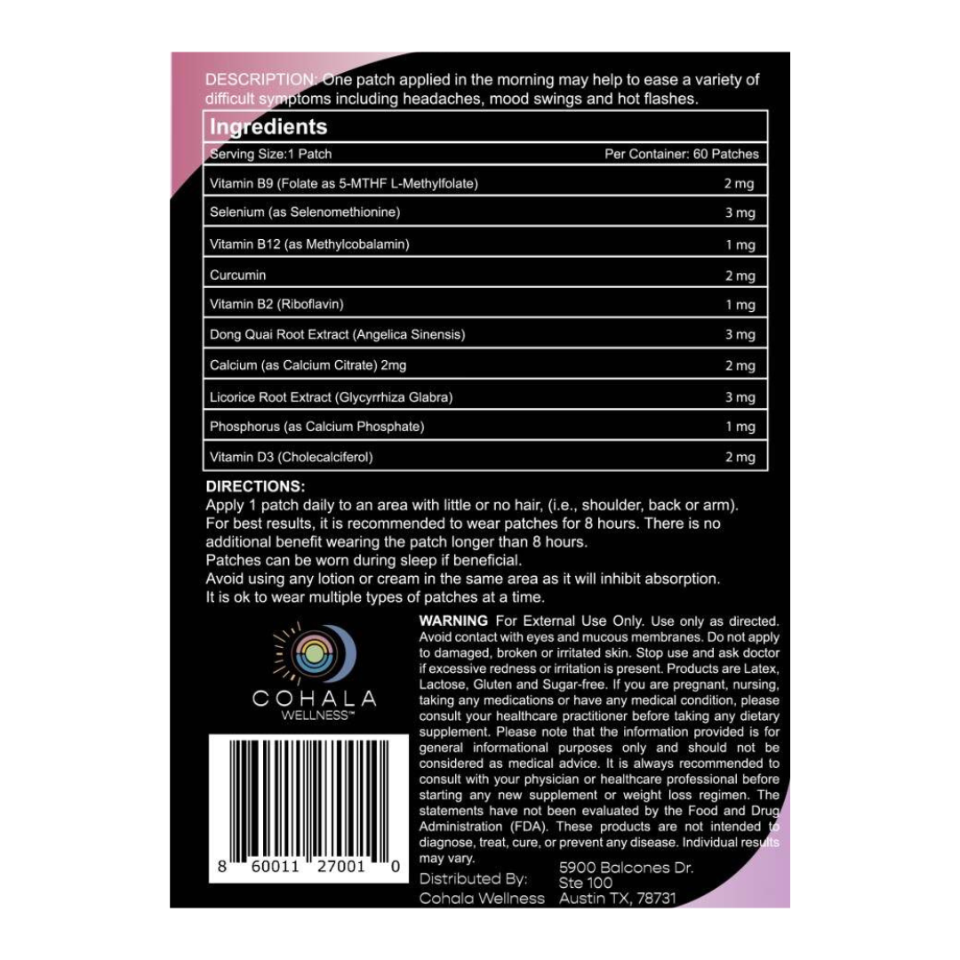 Menopause Patch label showing ingredients, directions and warnings