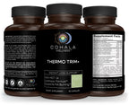 Three views of the Thermo Trim+ bottle showing front label, Supplement Facts and directions