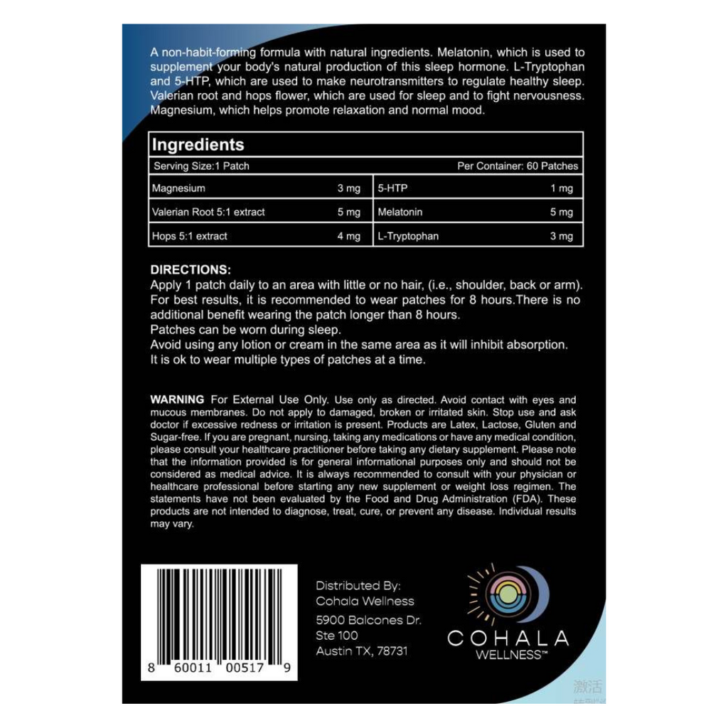 Sleep Patch label showing ingredients, directions and warnings