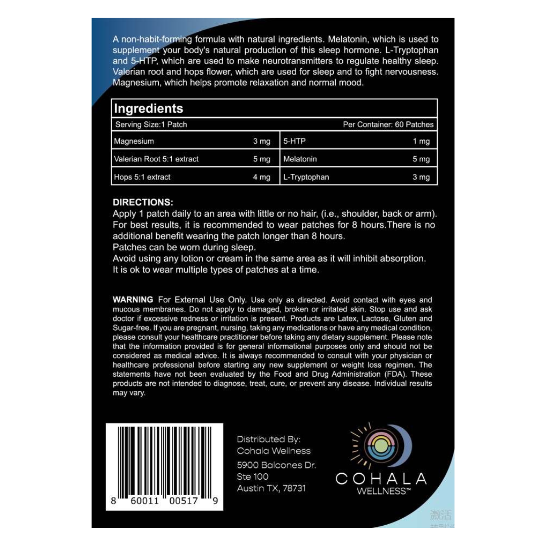 Sleep Patch label showing ingredients, directions and warnings
