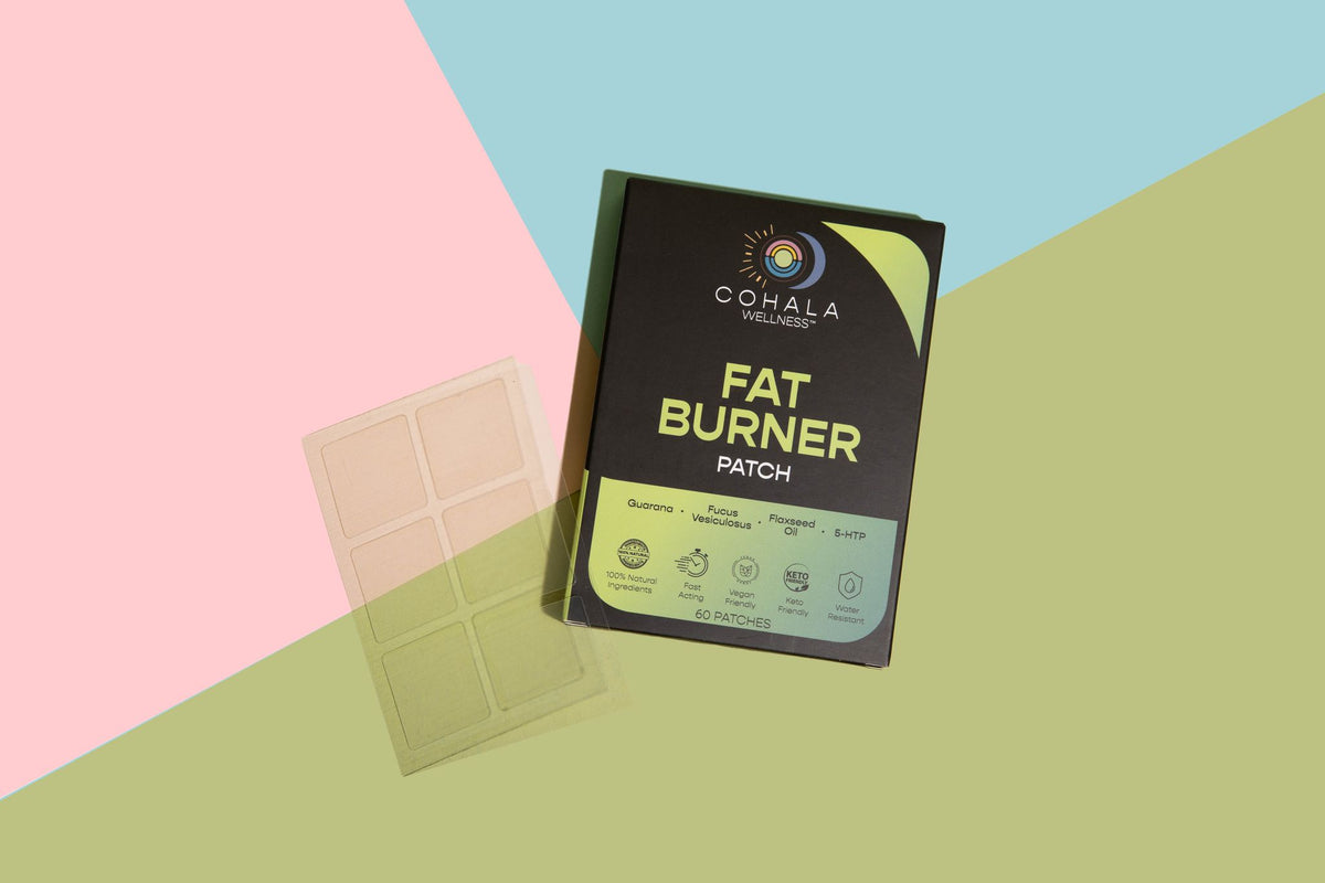 COHALA Wellness Fat Burner Patch box with a sheet of patches on a pink, blue and green background