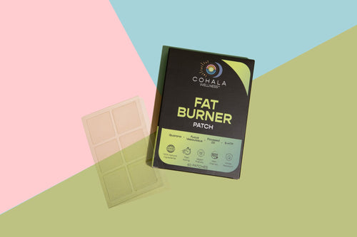 COHALA Wellness Fat Burner Patch box with a sheet of patches on a pink, blue and green background